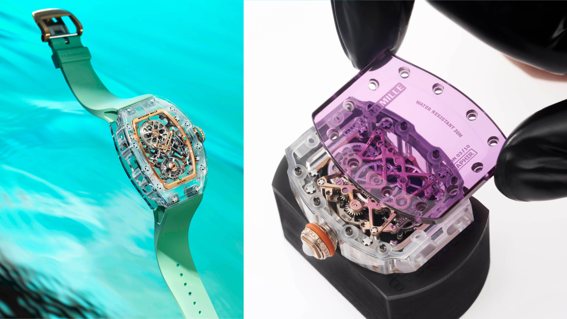 藍寶石水晶是現今製錶業中最受矚目的材質之一，早在十年前 RICHARD MILLE 就發掘了這種材質的潛力，並獨家掌握了將其應用在整個錶殼上的工藝。