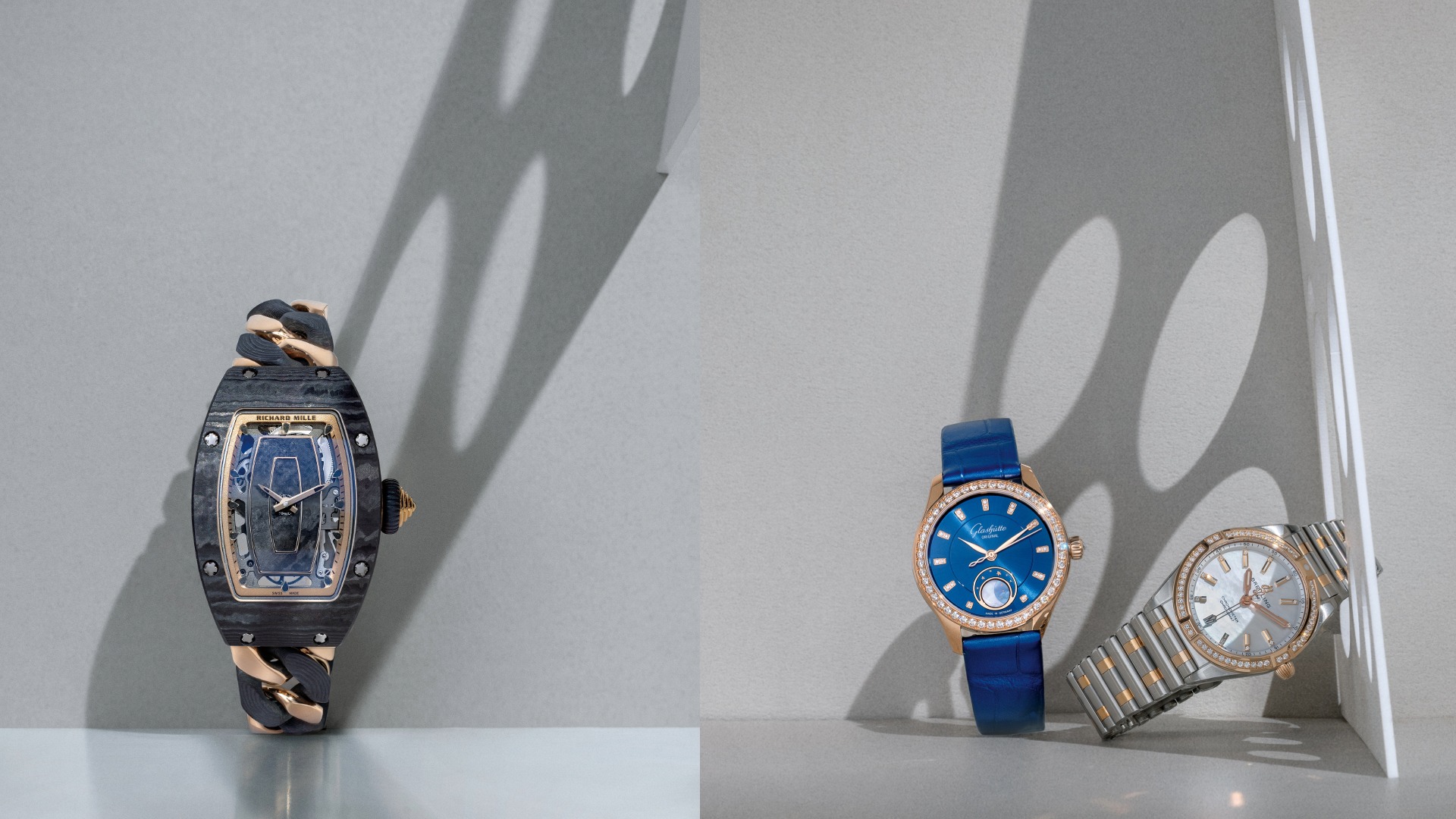 (左) RICHARD MILLE RM 07-01 自動上鍊腕錶鍊環款。（右圖左） Glashütte Original Serenade Luna 小夜曲月相腕錶，（右圖右） Breitling Chronomat 32 腕錶。