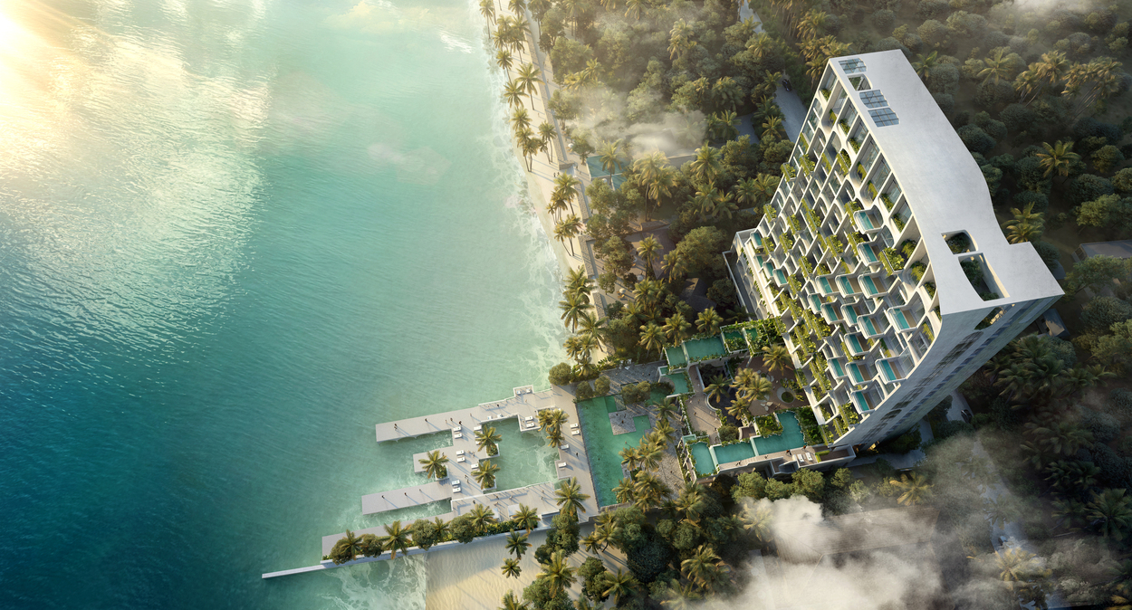 宿霧 Abaca Resort Mactan 外立面以三維拱形網格構成，每格框住私密海景，伴隨垂直柱廊與空中花園如失落熱帶村莊向天際延伸。