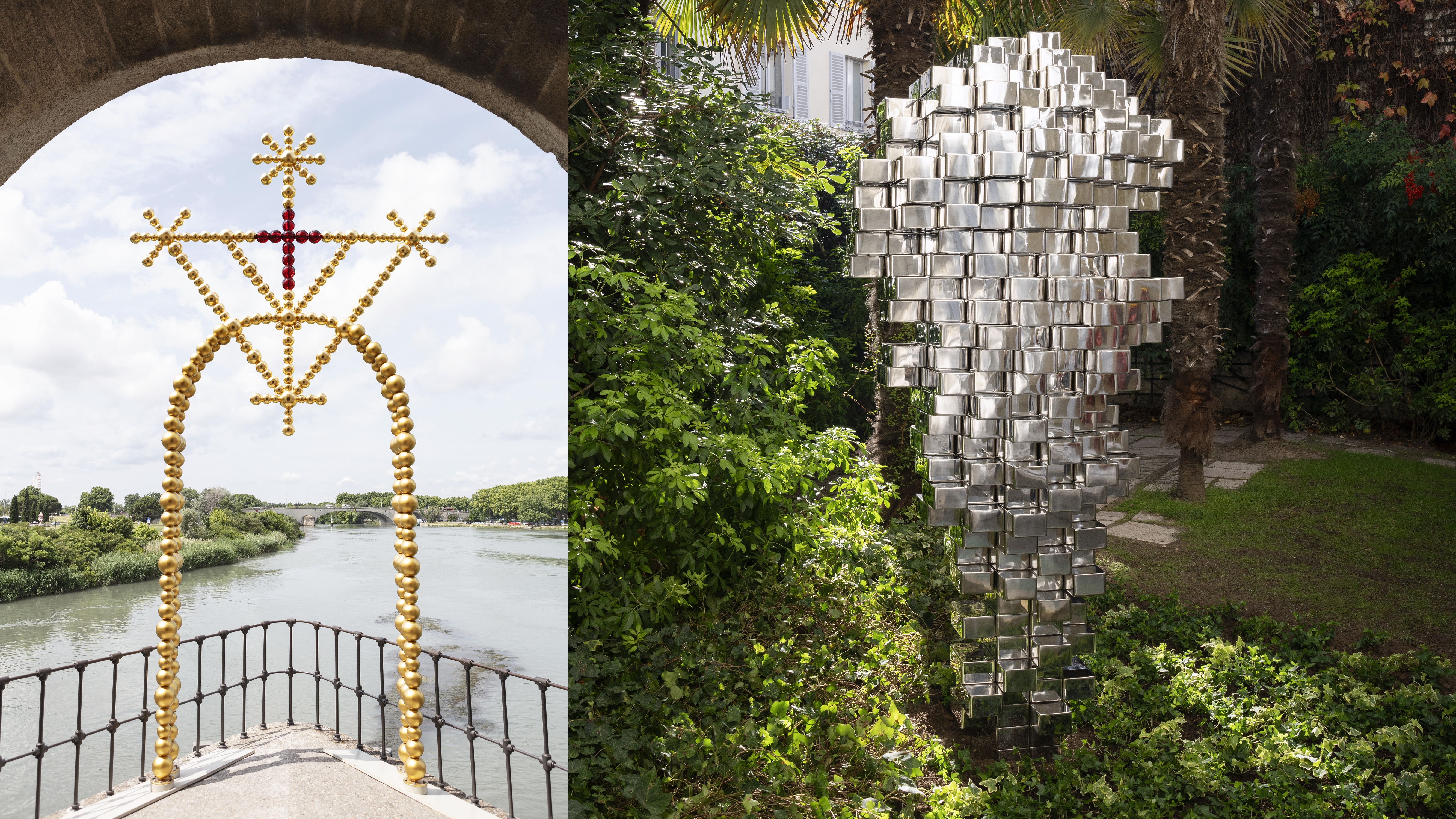 （左）金色玻璃拱門矗立河畔，折射自然光為柔亮光暈，成為感官與視線的詩意入口。© Tanguy Beurdeley / Perrotin。（右）玻璃磚雕塑穿行植栽間，鏡面折射景色，開啟光與空氣的流動通道。© Claire Dorn / Perrotin